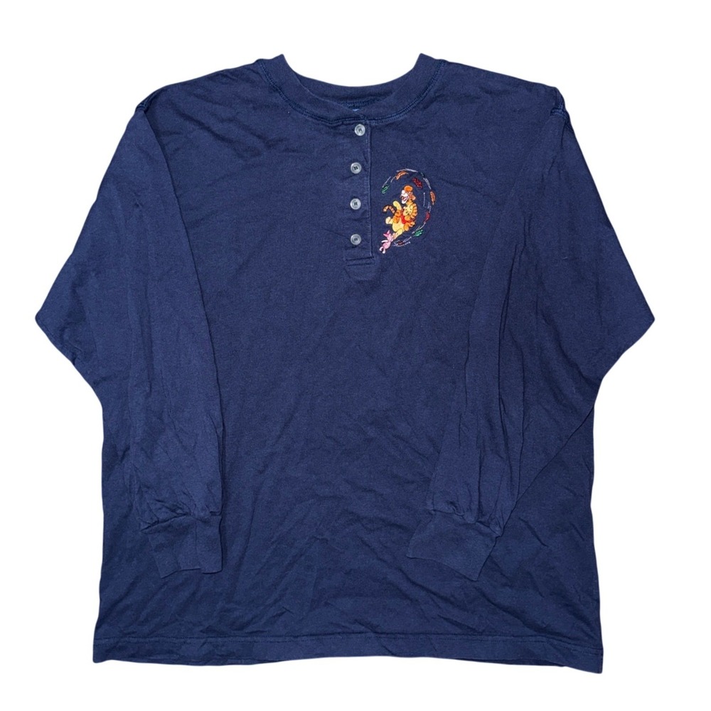 Vintage Disney Winnie the Pooh Tigger Piglet Navy Long Sleeve Henley Shirt Retro